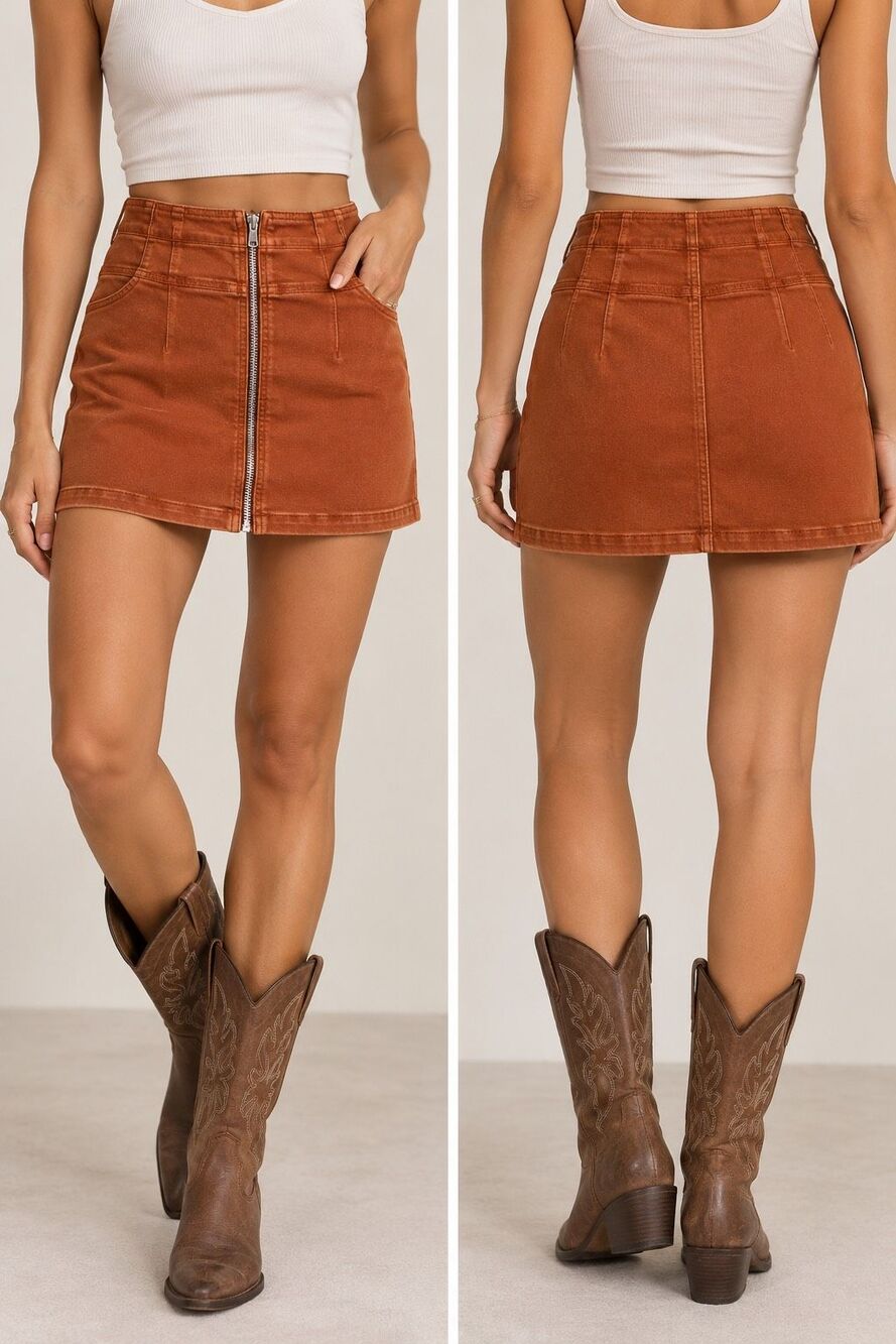 We The Free Twenty-Eight Rust Orange Zip Front Denim Mini Skirt Size 28